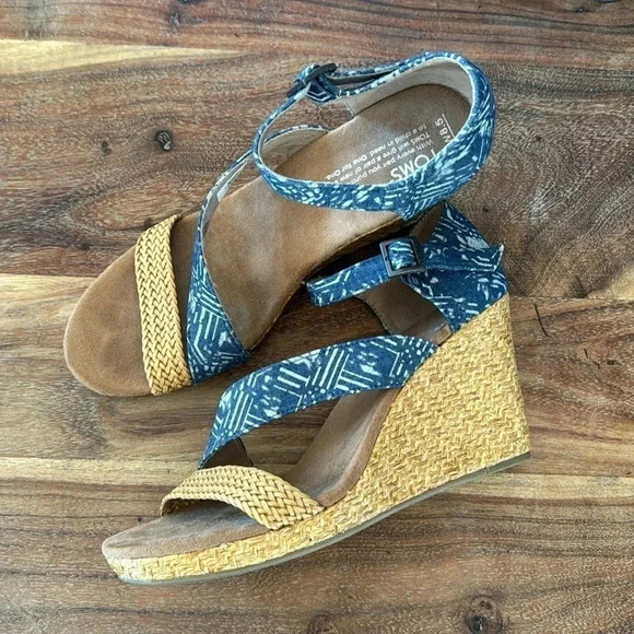 Toms Wedges Rattan & Blue 8.5 - Picture 1 of 7